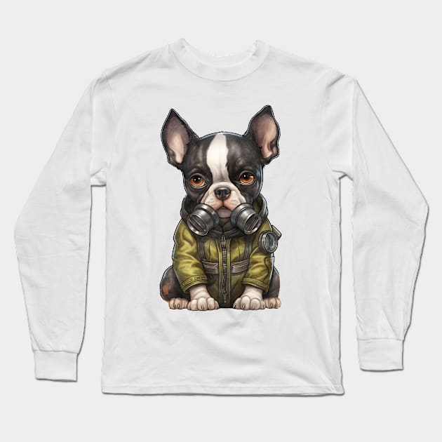 Boston Terrier Dog Wearing Gas Mask Long Sleeve T-Shirt by Chromatic Fusion Studio